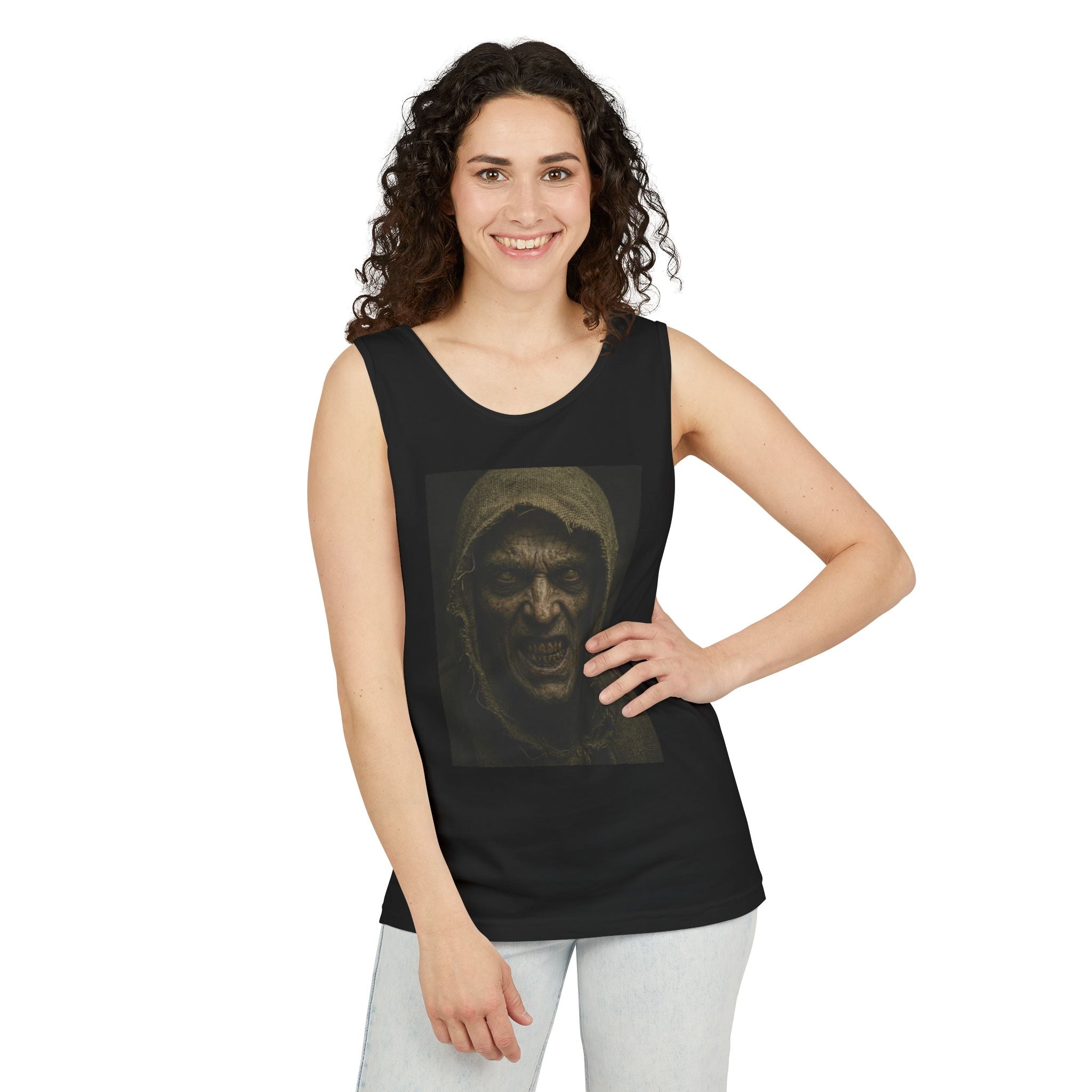 Hooded Monster Tank Top — Dark Horror Portrait Graphic