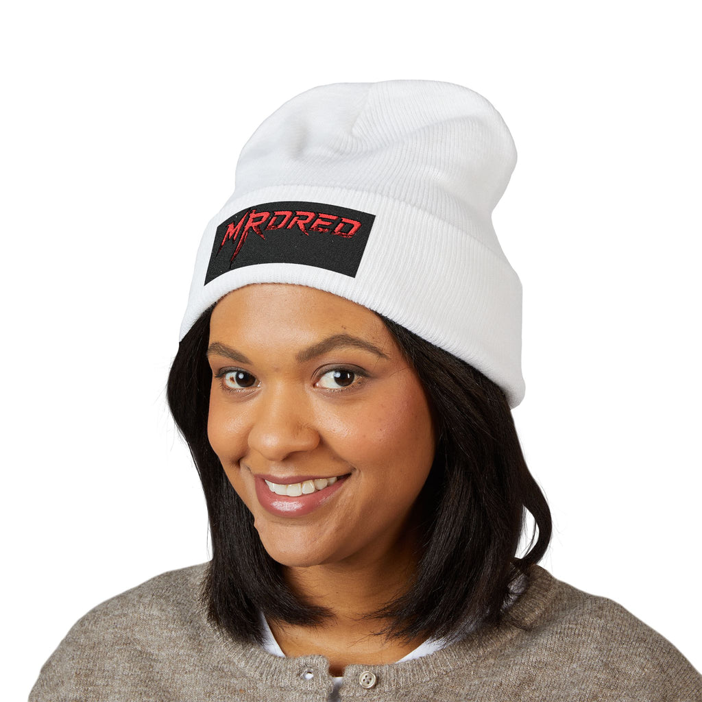 Embroidered 'MRDRED' Classic Cuffed Beanie – White Knit Winter Hat