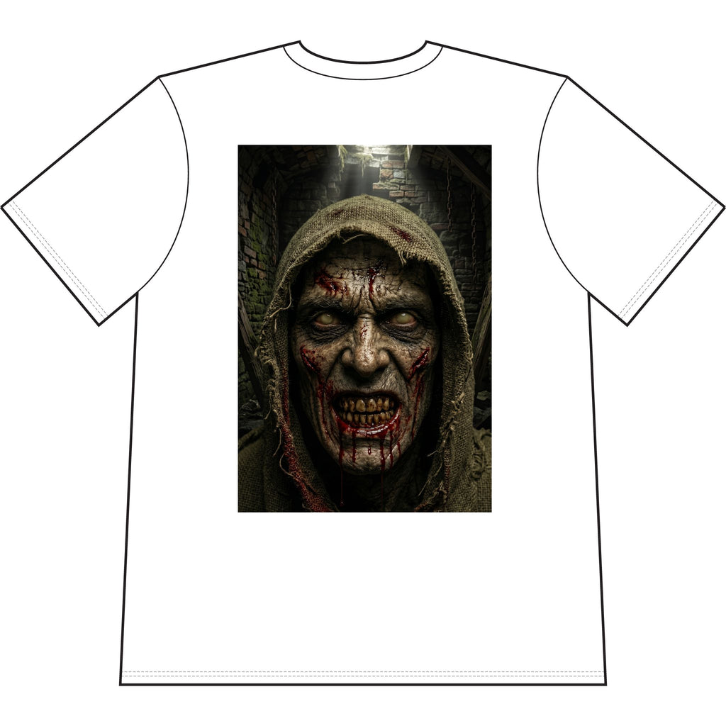 MrDred Hooded Face Horror Tee — Heavyweight Pigment-Dyed Halloween Shirt