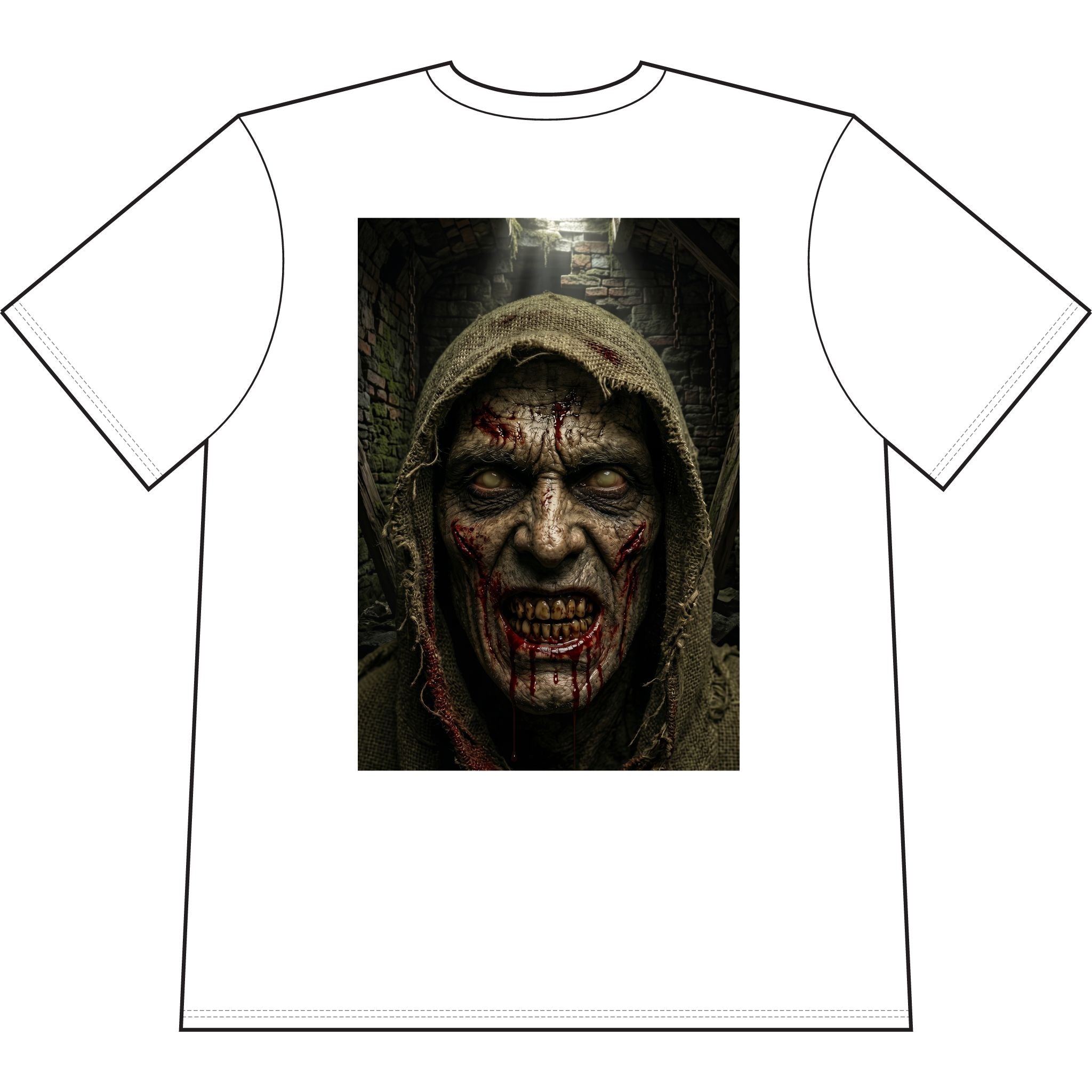 MrDred Hooded Face Horror Tee — Heavyweight Pigment-Dyed Halloween Shirt