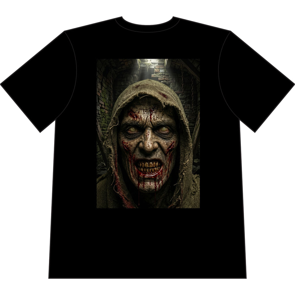 MrDred Hooded Face Horror Tee — Heavyweight Pigment-Dyed Halloween Shirt