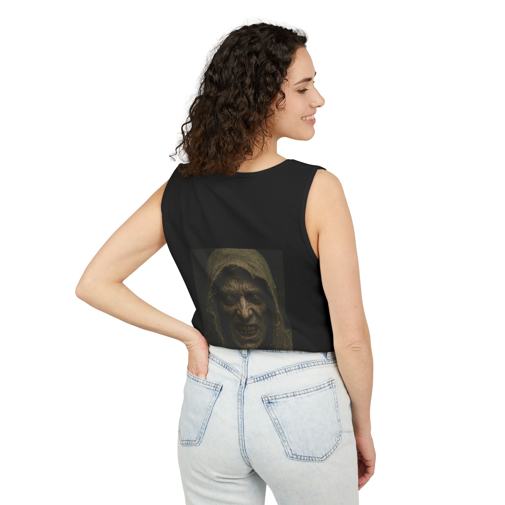 Hooded Monster Tank Top — Dark Horror Portrait Graphic