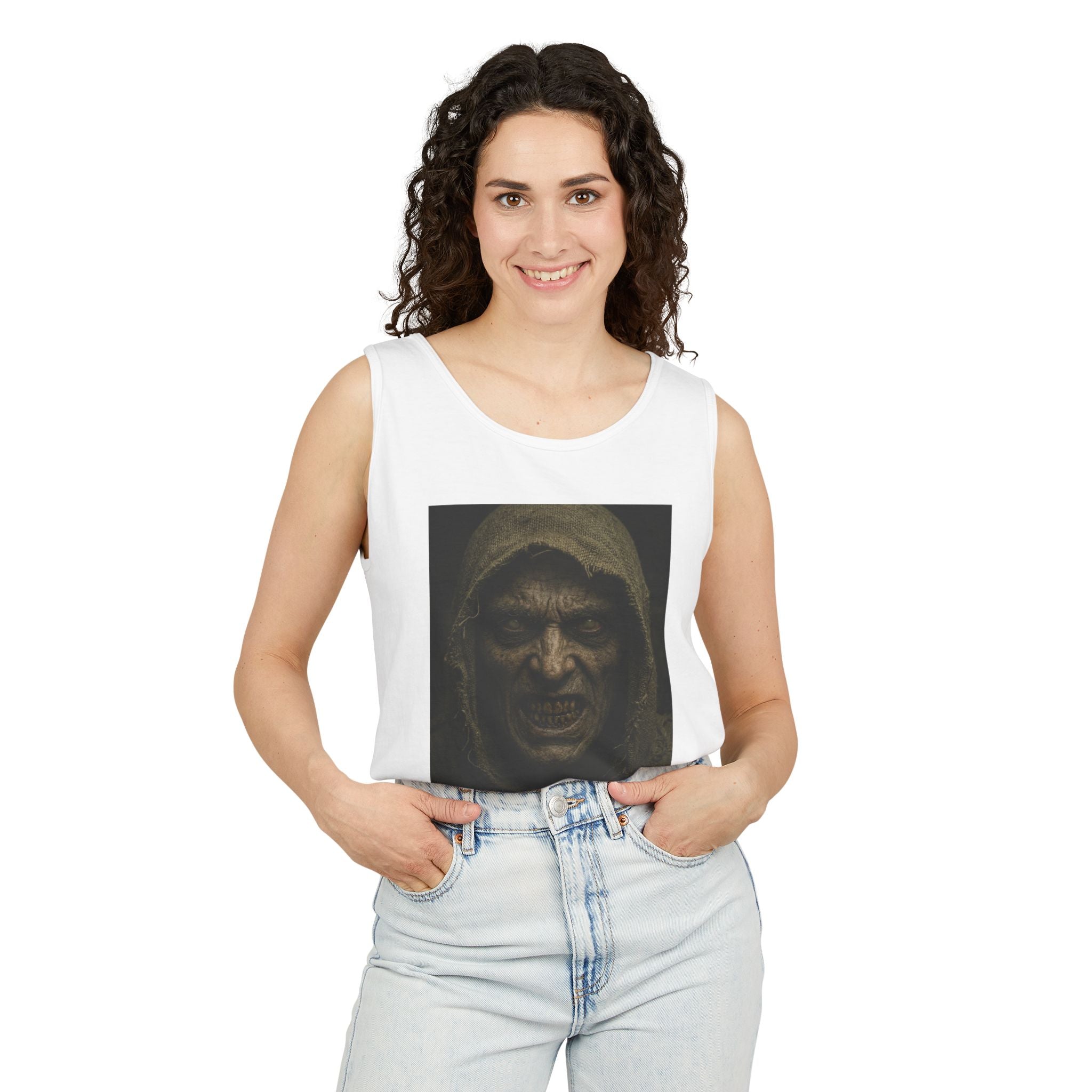 Hooded Monster Tank Top — Dark Horror Portrait Graphic