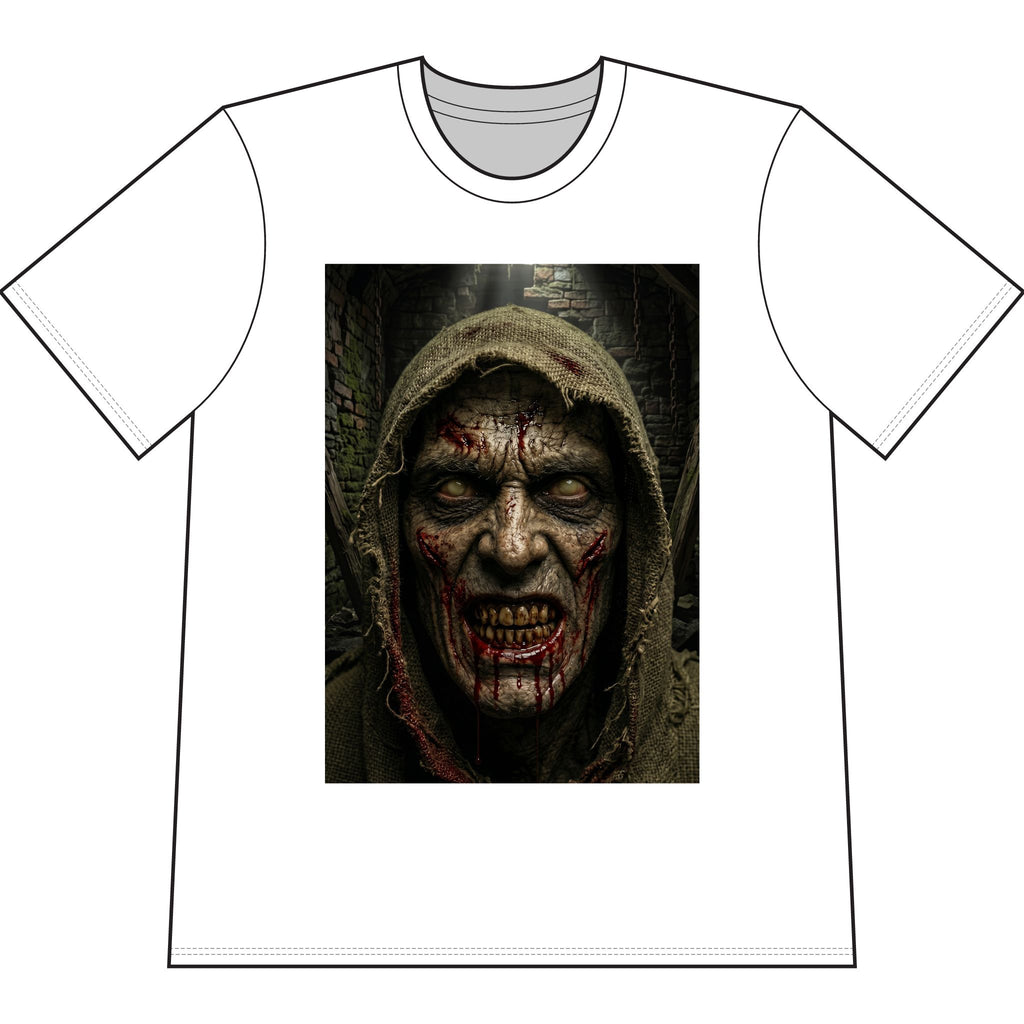 MrDred Hooded Face Horror Tee — Heavyweight Pigment-Dyed Halloween Shirt