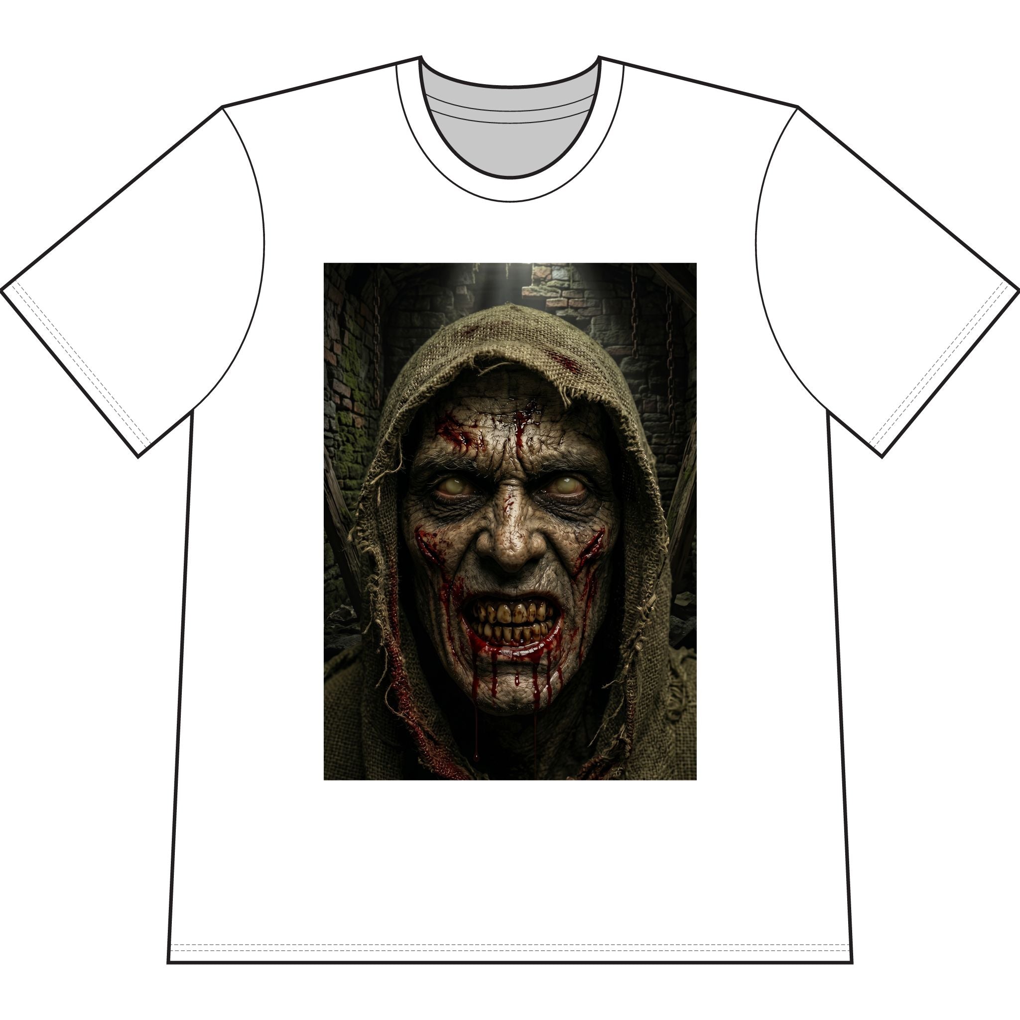 MrDred Hooded Face Horror Tee — Heavyweight Pigment-Dyed Halloween Shirt