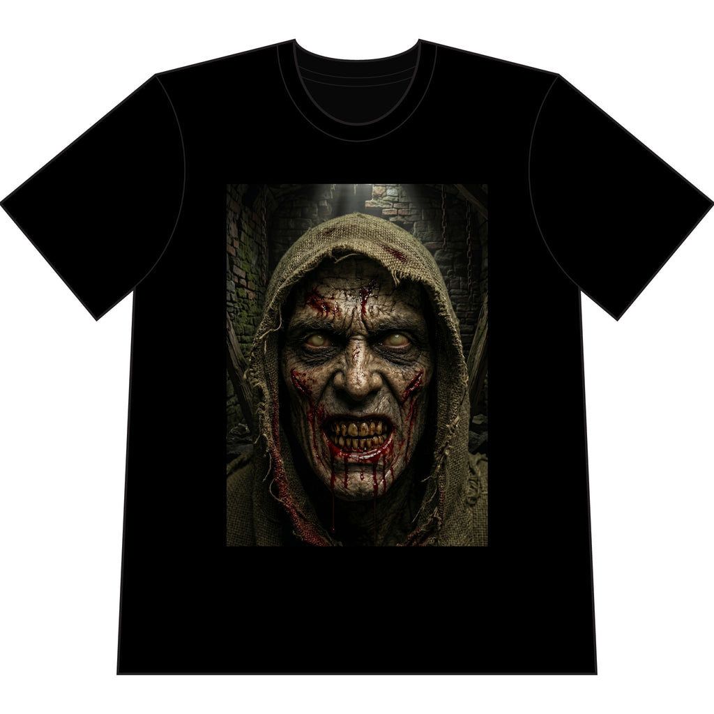 MrDred Hooded Face Horror Tee — Heavyweight Pigment-Dyed Halloween Shirt