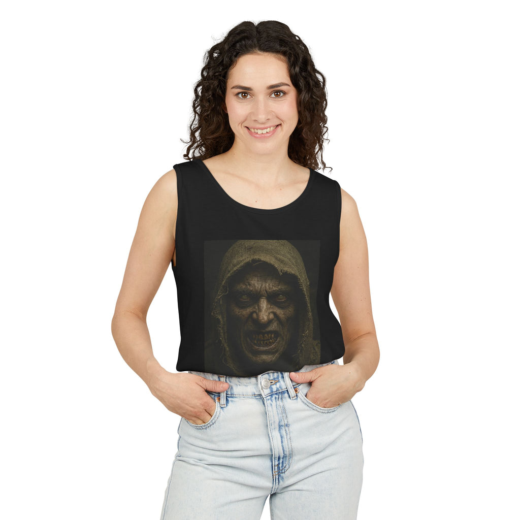 Hooded Monster Tank Top — Dark Horror Portrait Graphic
