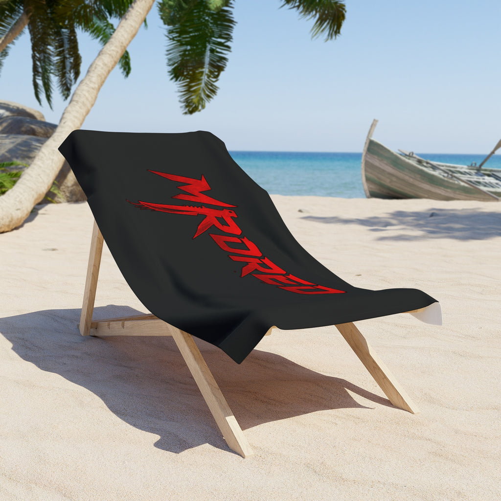 MR Dred Red Logo Beach Towel — on Black (Bold Surf & Pool Towel)